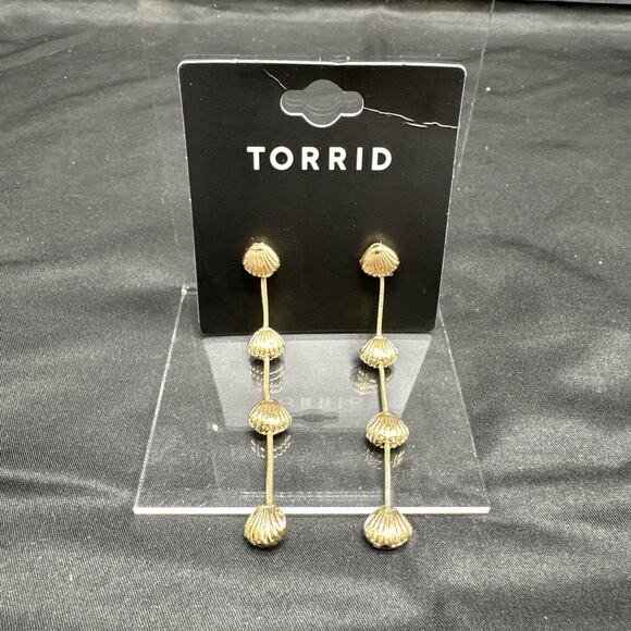 Torrid Linear Earrings Gold Tone Beaded Scalloped Sea Shells Tropical Dangle New - Picture 1 of 4